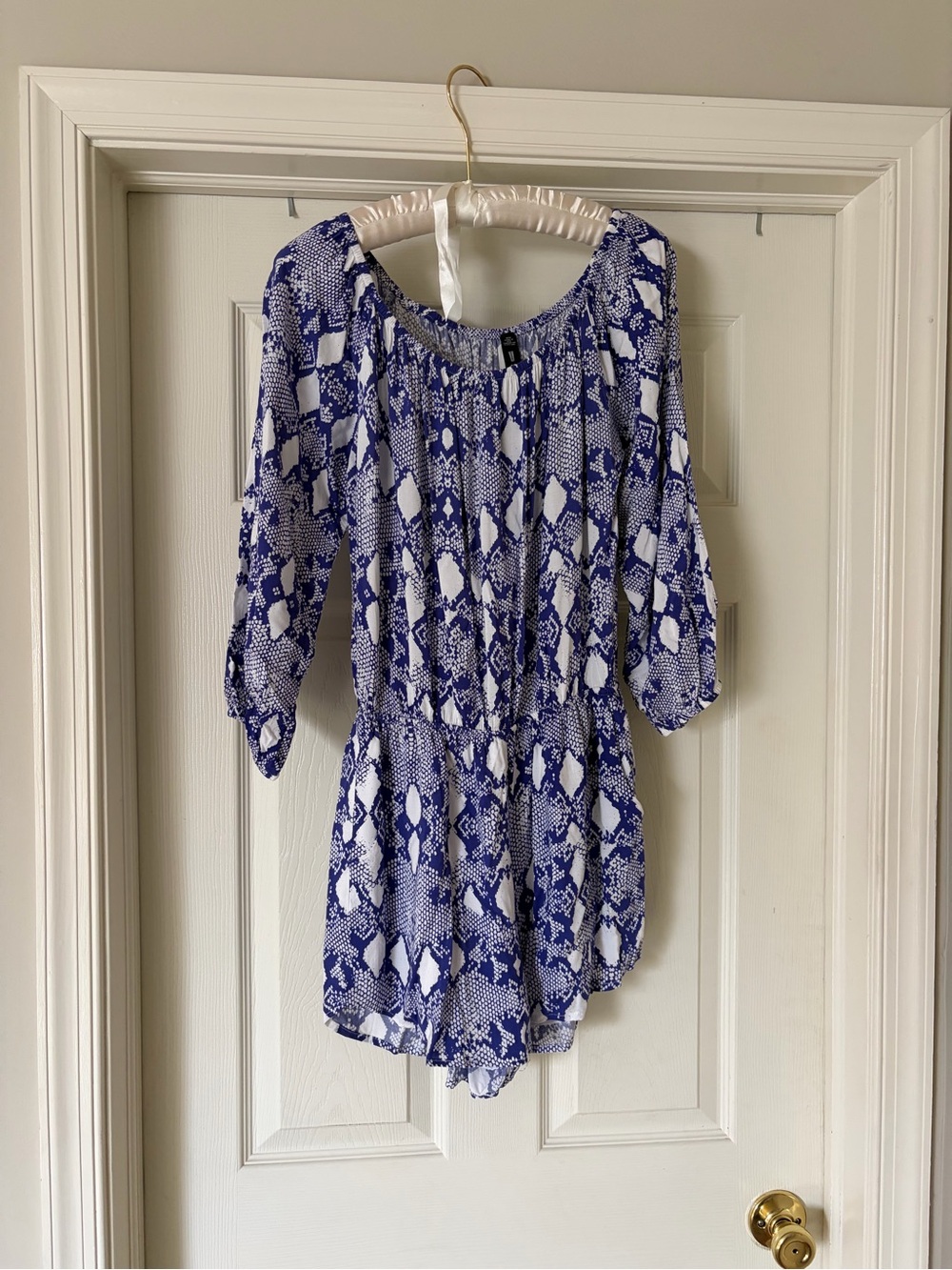 Design Labs  Blue and White Printed Women's off the shoulder romper